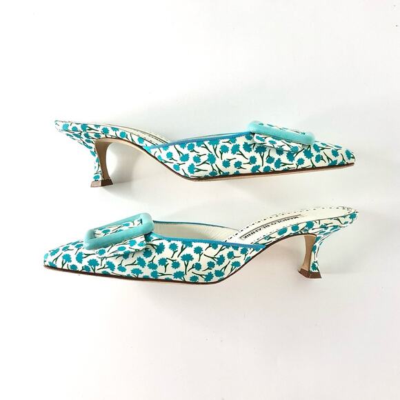 Manolo Blahnik Maysalebi Flower Print Pointed Toe Kitten Heel Mules Pumps 36 - Picture 6 of 8